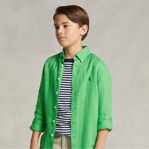 POLO RALPH LAUREN Kids' Linen Casual Button Down Shirt In Vibrant Green